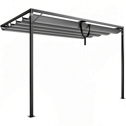 GartistGo Wall-Mounted Lean-To Pergola With Retractable Canopy - 2.4*2.4 M & 2*3 M Options, Powder-Coated Steel Frame, Dark-Grey UV-Resistant Roof