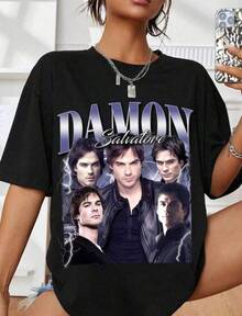 Graphic-Shirt Cotton Tees Size PlusLimited Damon Salvatore Vintage T-Shirt Gift For Women And Man Unisex T-Shirt ,Y2K,Oversized Shirt Men,Summer Tops - 黑色 - 查看 1