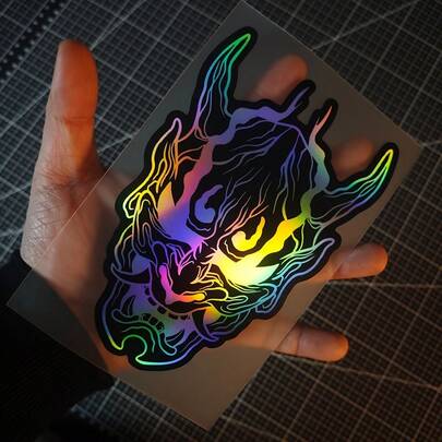 1pc Neon Laser Demon Car Sticker - JDM Style Waterproof Vinyl Decal With Iridescent Rainbow Oni Mask Design For Motorcycle, Laptop, Helmet - UV-Resistant Automotive Exterior Accessory, Laptop Decoration | Vibrant Graphic Decal | Durable Decal