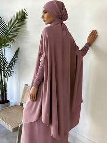 两件套穆斯林女性祈祷服套装，长袖宽松长袍，祈祷头巾，适合节日穿着 - 彩色 - 查看 14