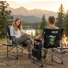 Overmont - Silla de camping ligera de gran tamaño Sillas de directores acolchadas con respaldo portátil con mesa auxiliar y bolsa enfriadora para campamento playa pícnic césped y pesca soporta - NegroGris - Ver 2