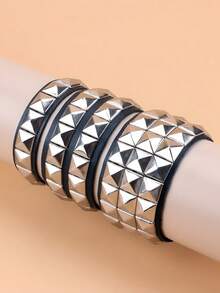 3件套PU皮革方形铆钉朋克风手镯，男女通用时尚手镯，哥特朋克摇滚风手镯，万圣节派对配饰 - 款式1 - 查看 4