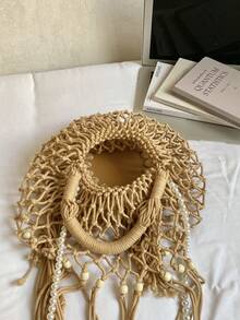 Túi tote dệt kiểu dáng nghỉ mát mùa hè, hàng mới về, túi đeo vai chéo bằng rơm với tua rua rỗng đính ngọc trai của Niche. - Màu Khaki - Xem 8