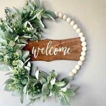 Rustic Floral Wreath, Eucalyptus Leaves And Wooden Beads Surrounding, Wooden Plaque Accent, Suitable For Front Door, Window Sill, Porch, Indoor And Outdoor Decor, Thanksgiving, Christmas, Harvest Season Home Decor, Holiday Party Decoration - Multicolor - View 6