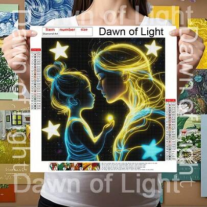 1幅5D DIY钻石画 - “星光下的母女” - 多尺寸马赛克全钻圆形亚克力钻石艺术DIY套装，适用于家居和办公室桌面装饰、墙面装饰、客厅、卧室、书房，是成人初学者和手工爱好者的理想家居装饰礼物，也是家庭聚会、生日派对和各种节日的精美手工礼物。