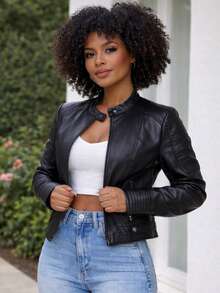 Women's Leather Jacket, Black Leather Coat - 黑色 - 查看 2