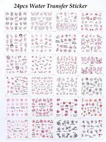 SWEET TREND Conjunto de 24 adesivos de unhas com estampa floral romântica e elegante em aquarela de flores de cerejeira, pétalas de rosa rosa, flores de cerejeira e borboletas, para decoração de unhas em salão de beleza. - Multicolorido - Ver 3