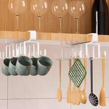 1 Pc White / Black12-Hook Storage Rack, No Drilling Multi-Functional Hook Rail, Wall Mounted Adhesive Hooks For Wardrobe & Kitchen Use, Track Style Utensil Hanger & Pot Rack Organizer, Space-Saving Home Accessories - Multicolor - View 6