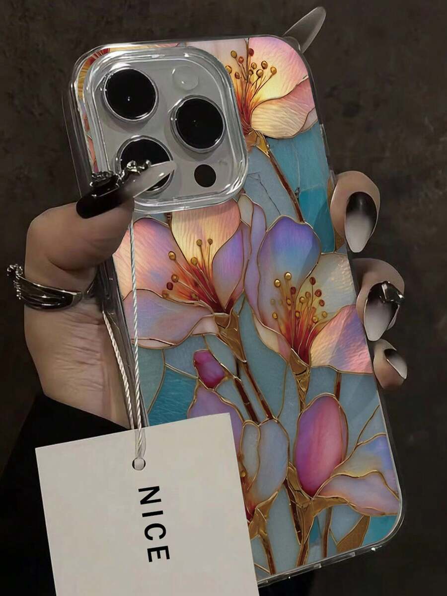 花卉图案手绘印花优雅新款羽毛雪纺银色简约时尚手机壳，兼容 17/17 Pro Max、15、16/16 Pro、15 Pro Max、P13、P14、P11软壳、P12防摔、XS、XR、7/8P、7/8G、E、S2、A14、A15、S23U、A50、A12、A32、A52、A72、A51、A21S、A13、A14、S22 Ultra、S23、A33、A53、S20 FE，国际版，非国内版 - 彩色 - 查看 1