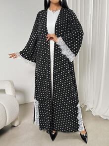 女士波点印花蕾丝边饰长袍 - 黑色 - 查看 4