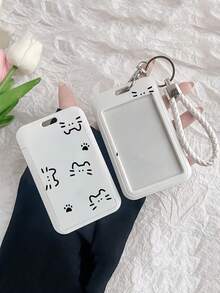 1pc 2D Minimalist Cat Pattern Durable Lanyard Badge Holder, Multi-Function Card Protector, Photo Card Storage Keychain Cover, First Day Of School - Multicolor - View 1