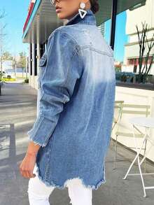 Women's Solid Color Minimalist Casual Distressed Denim Jacket Spring - Light Wash - View 4