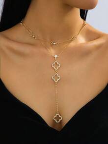 1pc Elegant, Luxurious, Classic & Versatile Summer Beach Vacation Sparkling Metallic Hollow Four-Leaf Clover Pendant Y-Necklace For Women - Golden - View 1