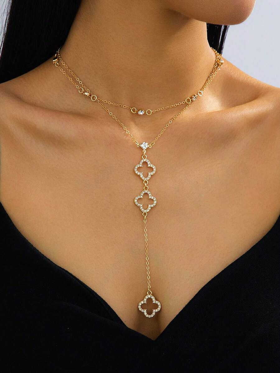 1pc Elegant, Luxurious, Classic & Versatile Summer Beach Vacation Sparkling Metallic Hollow Four-Leaf Clover Pendant Y-Necklace For Women - Golden - View 1