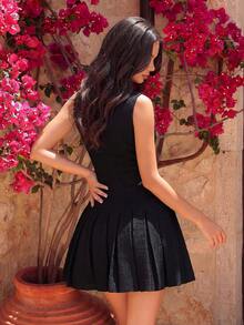 Elegant Boat Neck Button High Waist Pleated Mini Skirt, Suitable For Parties, Birthdays, Galas, Family Gatherings, Wedding Guests, Cocktail Events - Black - View 2