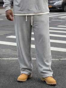 Plus Size Men's Drawstring Waist Minimalist Straight Leg Pants, Simple & Fashionable Sportswear - Grey - View 1