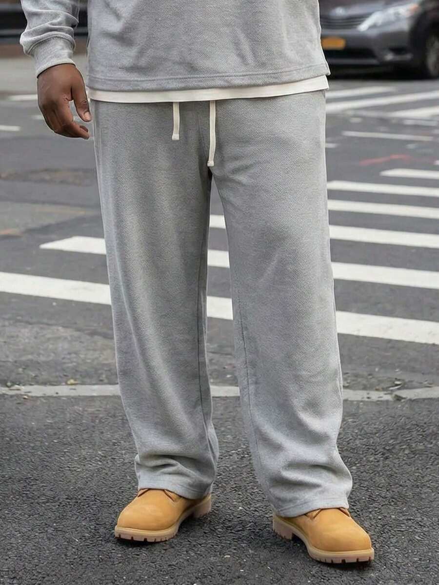 Plus Size Men's Drawstring Waist Minimalist Straight Leg Pants, Simple & Fashionable Sportswear - Grey - View 1