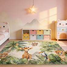 1pc Jungle Animal Print Floor Mat - Large Gaming Rug With Elephant, Giraffe, Monkey And Bird Designs, Decorative Carpet For Living Room, Rug, Living Room Area Rug, Area Small Rug, Mat, Home Decor, Large Living Room Carpet, Living Room Home Decor, Room Decor, Washable Carpet - Multicolor - View 4