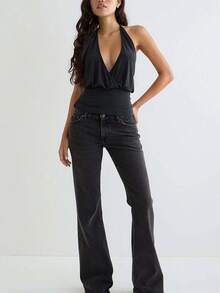Women's Summer Halter Tops Stylish Solid Ruched Slim Fit Backless Sleeveless Vest - 黑色 - 查看 5