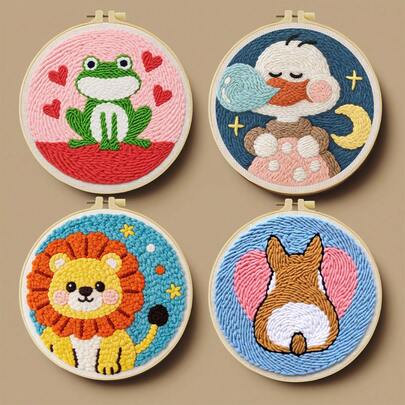 DIY戳绣套装，适合初学者，包含戳针、绣线、说明书、绣绷和预印有可爱狮子、鸭子、小狗、青蛙图案的布料，创意手工套装，可用于家居装饰和送礼，2D平面戳绣套装/入门套装/趣味套装/减压套装。尺寸：20x20厘米（7.87x7.87英寸）