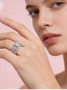 This Wide Faced Ring Features A Square Main Piece, Set With A Row Of Sparkling Rhinestones And Engraved With A Ring Arm Design - Suitable For Festive Occasions Such As Independence Day And Thanksgiving In The United States, Presenting A Luxurious Retro Style, And Is A Women's Jewelry Accessory - Multicolor - View 3