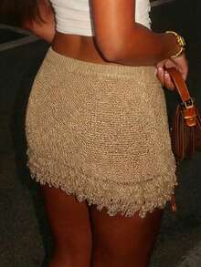 Chân váy ngắn dệt kim tua rua vàng óng ánh kiểu Y2K dành cho nữ, kiểu dáng ôm sát gợi cảm, thời trang thường ngày, phù hợp cho các lễ hội âm nhạc, hẹn hò, dạo chơi hàng ngày, kỳ nghỉ biển, tiệc bãi biển, tiệc cocktail, v.v. Mùa hè - Lạc đà - Xem 5