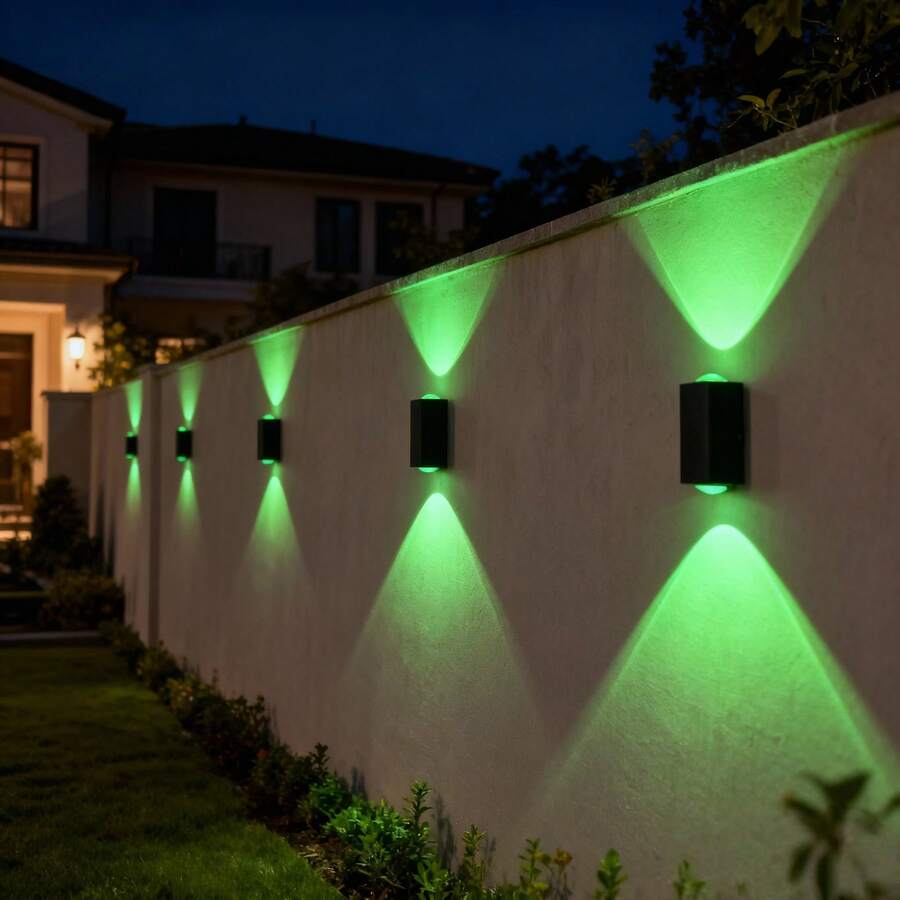 1 luminária de parede RGBW, ideal para iluminação de ruas, escadas, caminhos, degraus, pátios, varandas e paisagismo. 1 luminária solar para cerca, com 9 modos de iluminação, perfeita para decoração de Natal e Ano Novo.