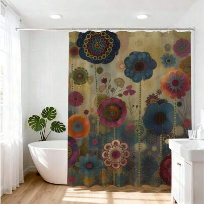 1 chiếc rèm tắm họa tiết hoa dành cho phụ nữ Mỹ gốc Phi, phong cách Bohemian, thể hiện tình yêu bản thân và niềm đam mê yoga, với những câu Kinh Thánh truyền cảm hứng, họa tiết hoa bướm màu nước xanh ngọc và trắng, phù hợp cho bồn tắm và vòi sen.