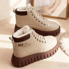 Women's Warm Boots - Heavy-Duty PU-Coated Textured, Lace-Up Ankle Boots, Platform Sole For Added Height And Non-Slip Rubber Sole - Beige/Brown Options, Elegant And Sophisticated Women's Winter Boots, Shiny Black Winter Boots With Beige Plush Lining, Women's Puffy Boots - Màu kaki được nâng cấp - Xem 2