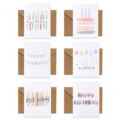 12张水彩生日贺卡，6款简约设计，配牛皮纸信封，男女皆宜的生日派对用品，波西米亚风生日贺卡，可爱蜡烛气球彩旗设计，适合所有生日派对