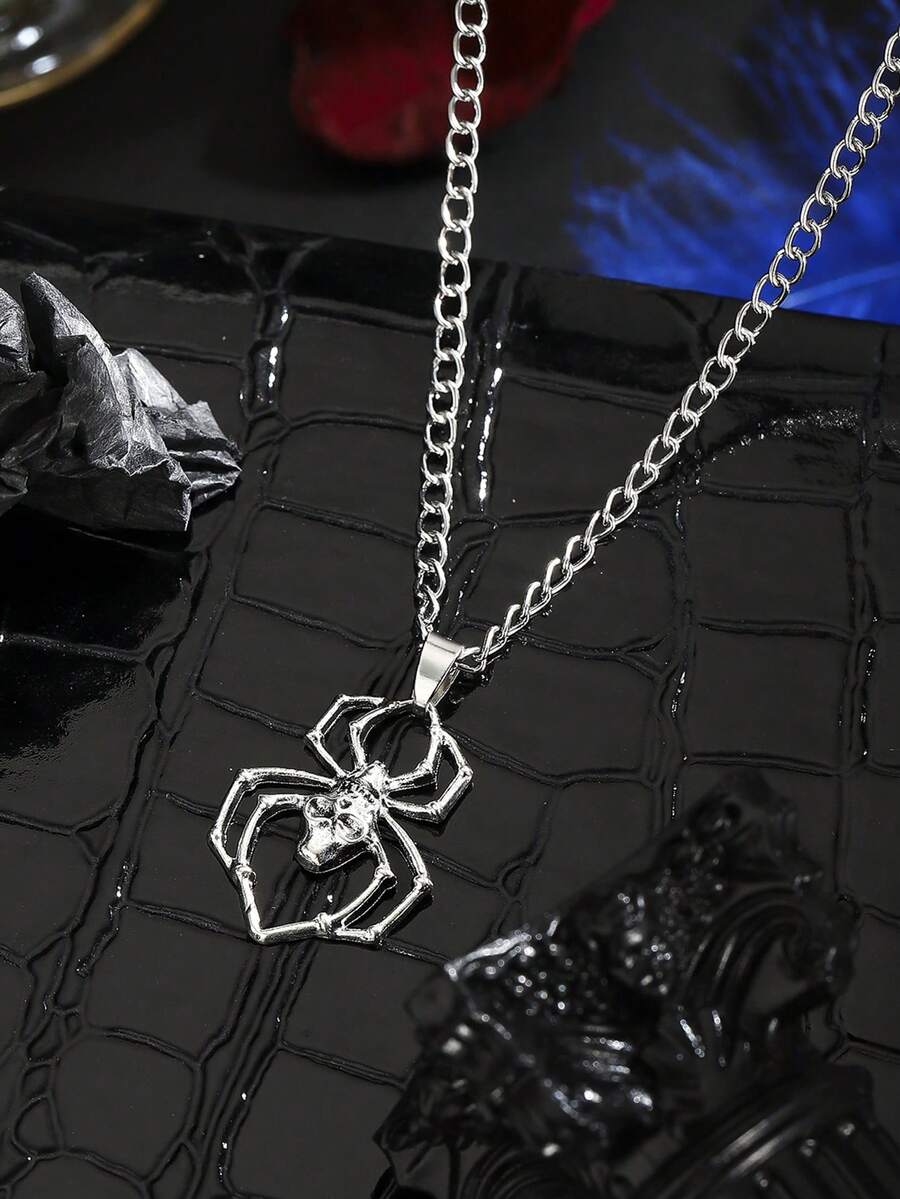 1pc Fashionable European & American Punk Hip-Hop Spider Pendant Necklace, Personalized Gothic Pendant Necklace Suitable For Daily Wear And Parties - Silver - View 1