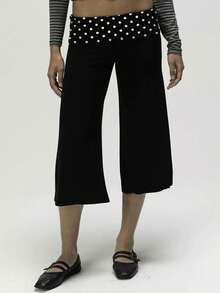 Women Y2K Cropped Wide Leg Pants, Retro Horizontal Stripe Polka Dot Print Fold Over Waistband Stretchy Knit Culottes For Streetwear Daily Outings - 黑與白 - 查看 1