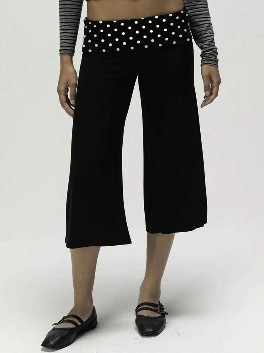 Women Y2K Cropped Wide Leg Pants, Retro Horizontal Stripe Polka Dot Print Fold Over Waistband Stretchy Knit Culottes For Streetwear Daily Outings - 黑與白 - 查看 1