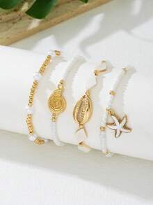 Set de 4 piezas Tobillera elegante minimalista con estrella de mar y concha, adecuada para la playa, fiestas y uso diario - Blanco - Ver 4