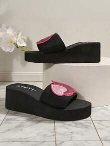 Women's Wedge Thick Bottom Sandals, Black & Rose Pink Color Block, European And American Ins Resort Style, Sequin Heart Wedge Thick Bottom Slip-On Sandals, Non-Slip Increased Height Open Toe Beach Pool Outing Street Daily Casual Versatile Women Slippers,Summer Shoes - Black - View 7