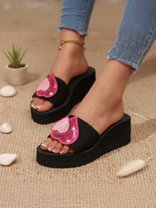 Women's Wedge Thick Bottom Sandals, Black & Rose Pink Color Block, European And American Ins Resort Style, Sequin Heart Wedge Thick Bottom Slip-On Sandals, Non-Slip Increased Height Open Toe Beach Pool Outing Street Daily Casual Versatile Women Slippers,Summer Shoes - Black - View 3
