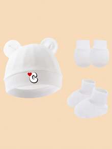 3pcs Baby Cute Bear Ear Hat + Anti-Scratch Mittens + Socks Set, Soft Breathable Newborn Hospital Hat, Love & Letter Print Infant Beanie, Suitable For 0-3 Months Daily Wear - White - View 14