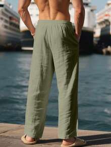 Men's Breathable Linen Loose Casual Sports Pants, Suitable Beach, Spring/Summer - 軍綠色 - 查看 5