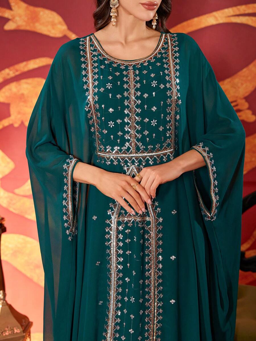 Women's Solid Color Round Neck Arabic Style Dress, Decorated With Luxurious Embroidered Beads, Elegant And Graceful, Suitable For Spring - Dark Green - View 1