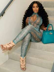 新款春夏女士性感时尚动物纹高领无袖镂空连体裤 - 橄欖綠 - 查看 2