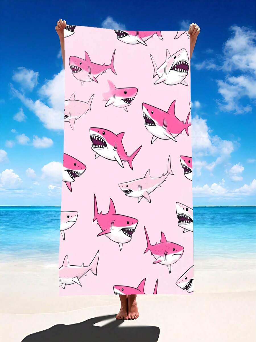 1pc Cartoon Pink & White Shark Print Beach Towel - Quick-Drying, Soft, Portable, Stylish, Sand-Resistant, And Ultra-Absorbent Microfiber. Styles: Bohemian, Tropical, Vintage, Funny; Suitable For Yoga, Picnics, And UV Protection. Ideal For The Beach, Pool, And Outdoor Activities; A Travel Essential Perfect For Camping, Yoga, The Gym, Sports, And Swimming. Suitable For Both Men And Women.