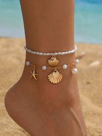 2件套夏季简约经典金色贝壳海星吊坠搭配仿珍珠脚链，百搭女士脚饰，适合日常佩戴、海滩度假