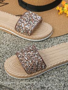 1 Pair Rhinestone Faux Rope Sole Low Heel Women Flat Sandals, Coffee Brown Pattern Random Design, Holiday Essential, Women Summer Sandals - Coffee Brown - View 8