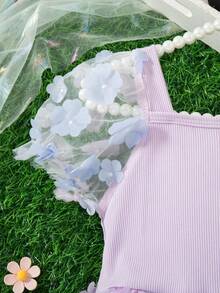 女童夏季新款简约罗纹露肩纽扣花卉装饰网纱拼接公主裙，时尚甜美，适合户外穿着 - 淡紫色 - 查看 9