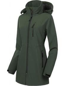 Women's Waterproof Long Trench Coat Fleece Lined Softshell Jacket Lightweight Hooded Raincoat Warm Windbreaker For Outdoor Running Hiking - 綠色 - 查看 1