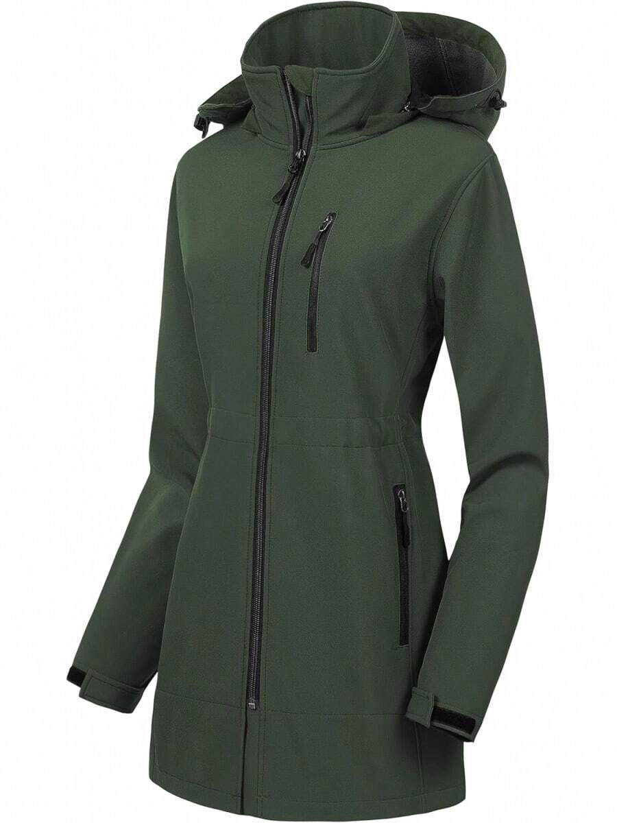 Women's Waterproof Long Trench Coat Fleece Lined Softshell Jacket Lightweight Hooded Raincoat Warm Windbreaker For Outdoor Running Hiking - 綠色 - 查看 1