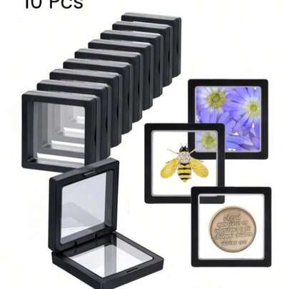 10个装3D立体悬浮展示盒透明PE材质珠宝收纳盒框架支架，适用于展示挑战币、AA奖章、标本、芯片、昆虫、植物收藏品，家居装饰办公桌收纳盒，男女皆宜的礼品