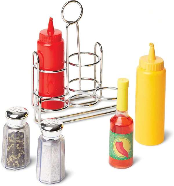 ¡Juguemos de Casita! Condimentos de Juguete, Juego de Imitación, Organizador Resistente de Metal, Efectos de Sonido Realistas, 6 Piezas