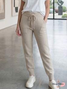 Women's Knit Pants With Ribbed Hem, Tie Waistband With Elastic, Knit Fabric, Autumn/Winter Fashion - 沙 - 查看 1