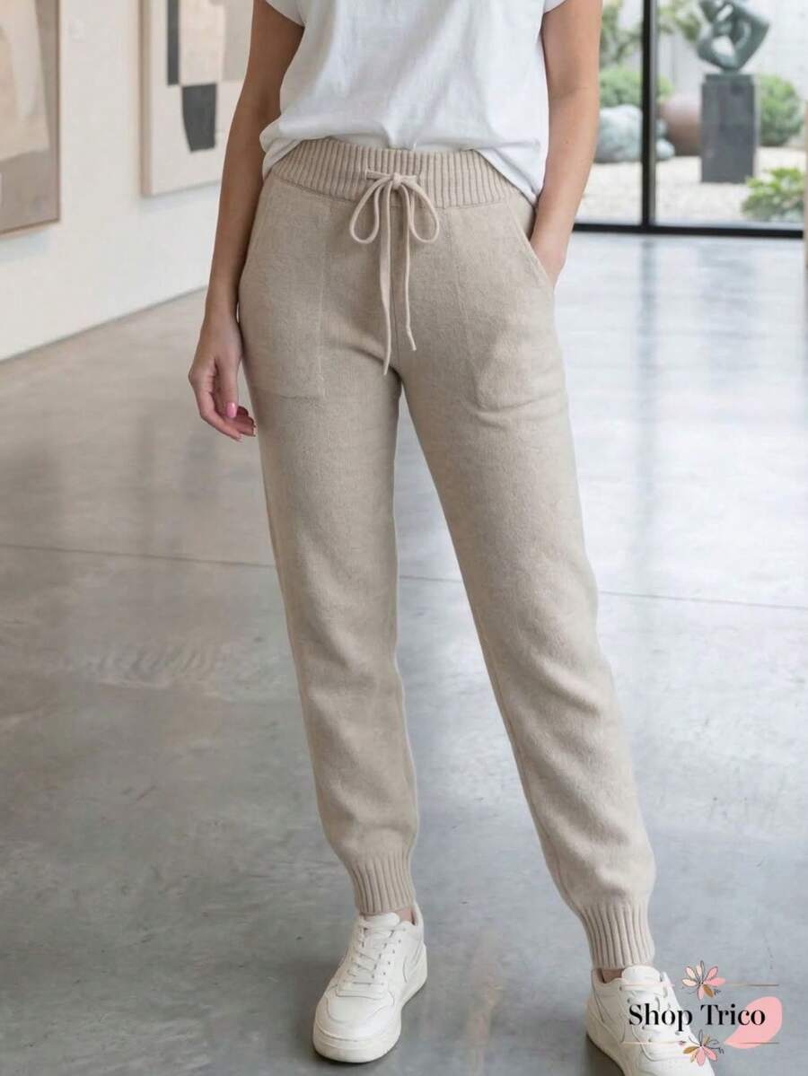 Women's Knit Pants With Ribbed Hem, Tie Waistband With Elastic, Knit Fabric, Autumn/Winter Fashion - 沙 - 查看 1